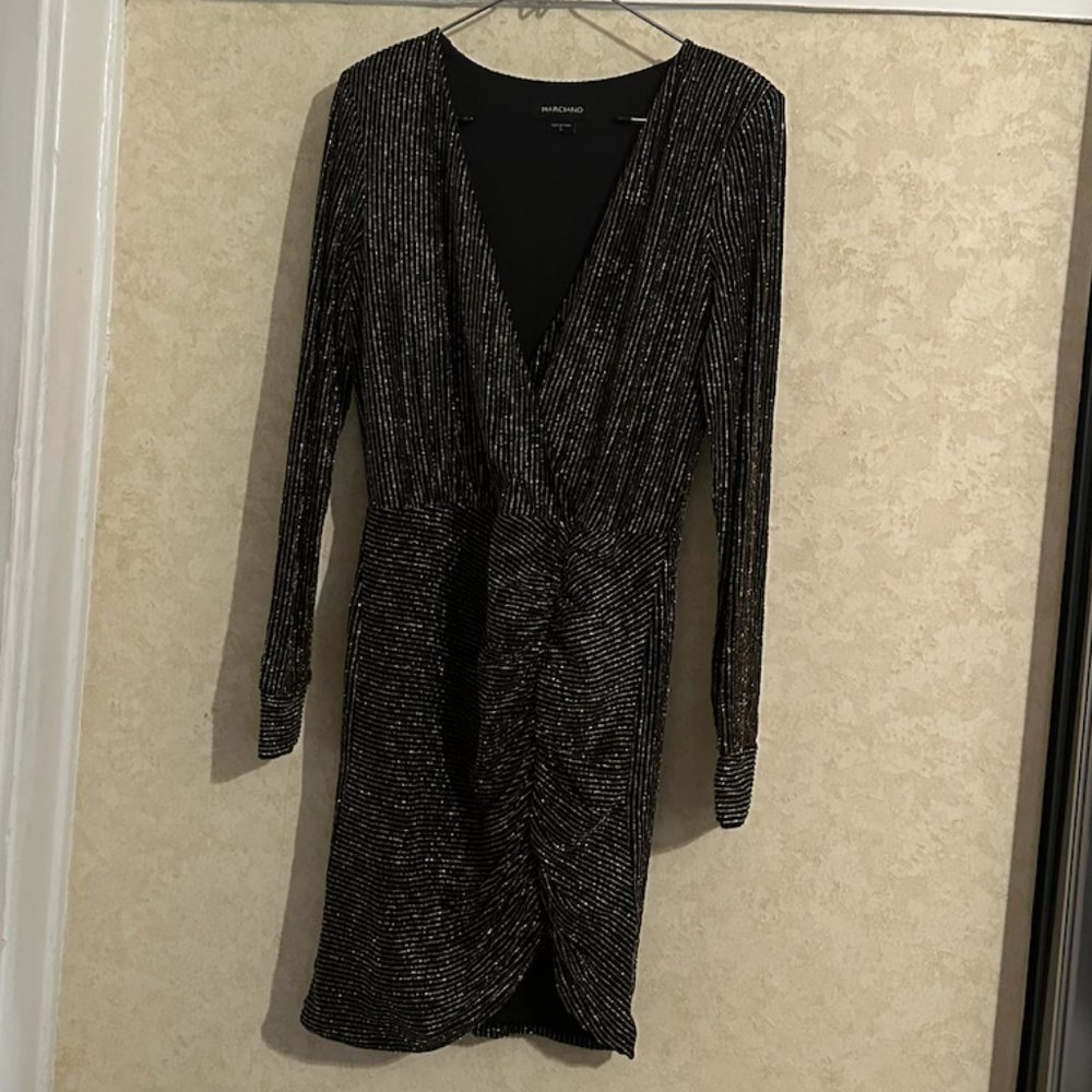 Black and Gold Plunge Front Mini Dress